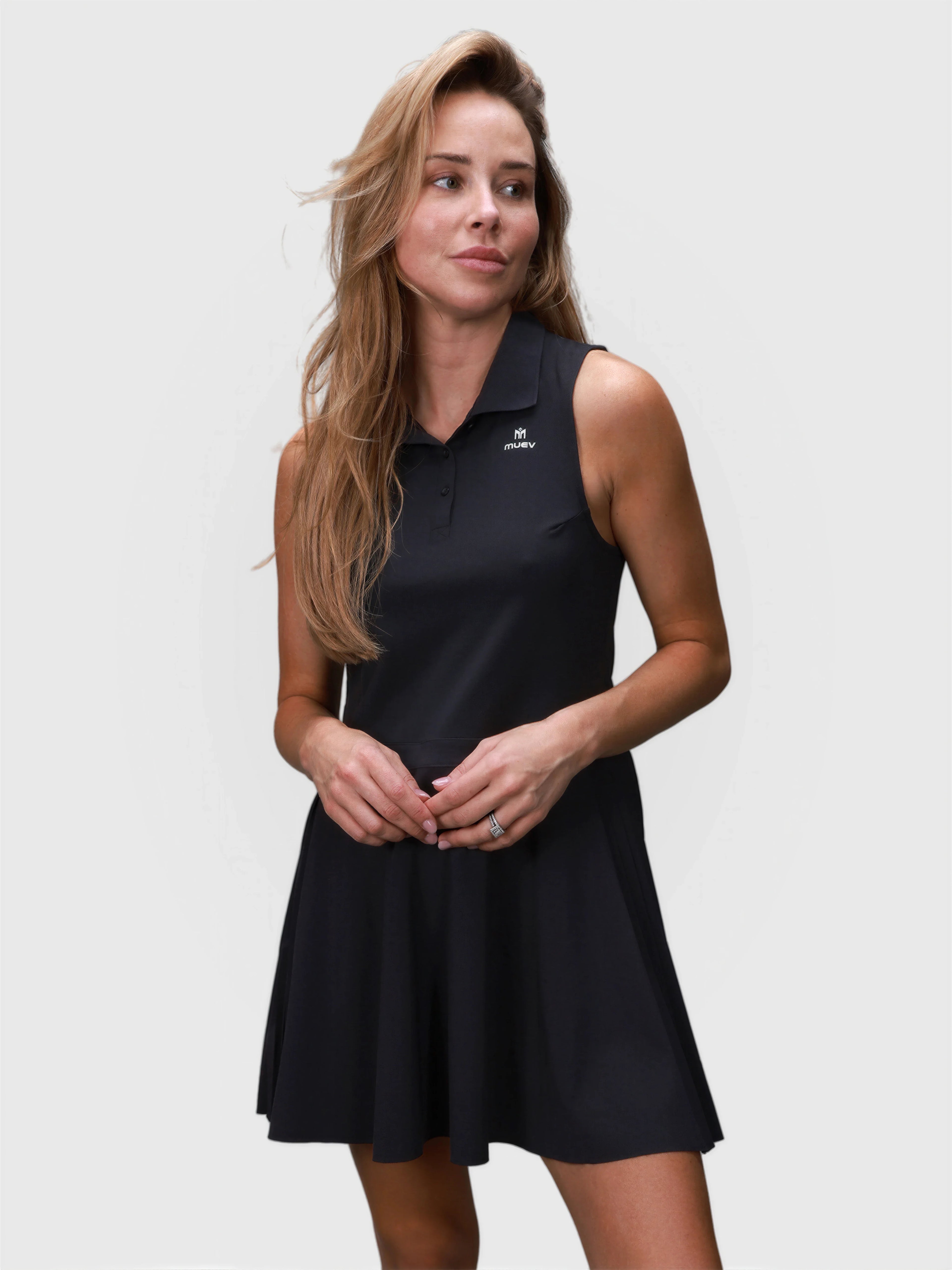 Front view of black Open Back Polo Dress by MUEV with sleeveless collar for pickleball and padel clothing